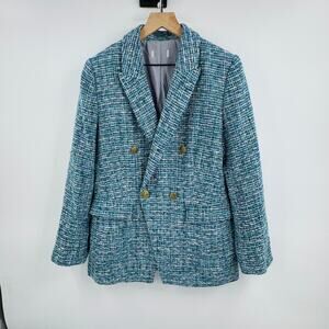 LOFT Blue Tweed Double Breasted Blazer Gold Button Textured‎ Jacket (Est. L)
